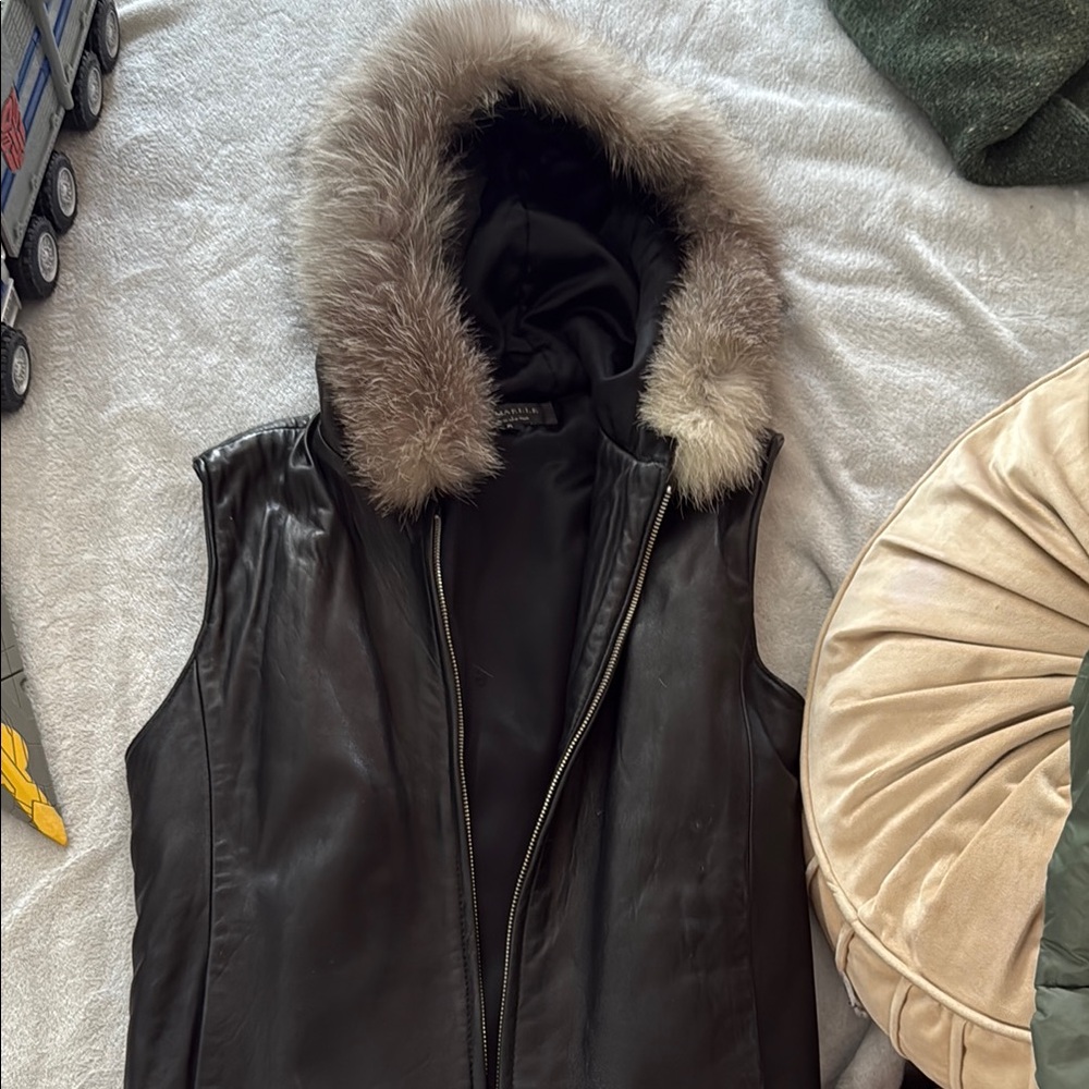 Women's Black Leather Vest with Fur Trim